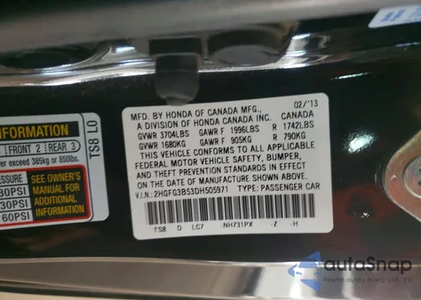 2013 Honda Civic Lx from USA, damaged, VIN 2HGFG3B53DH505971